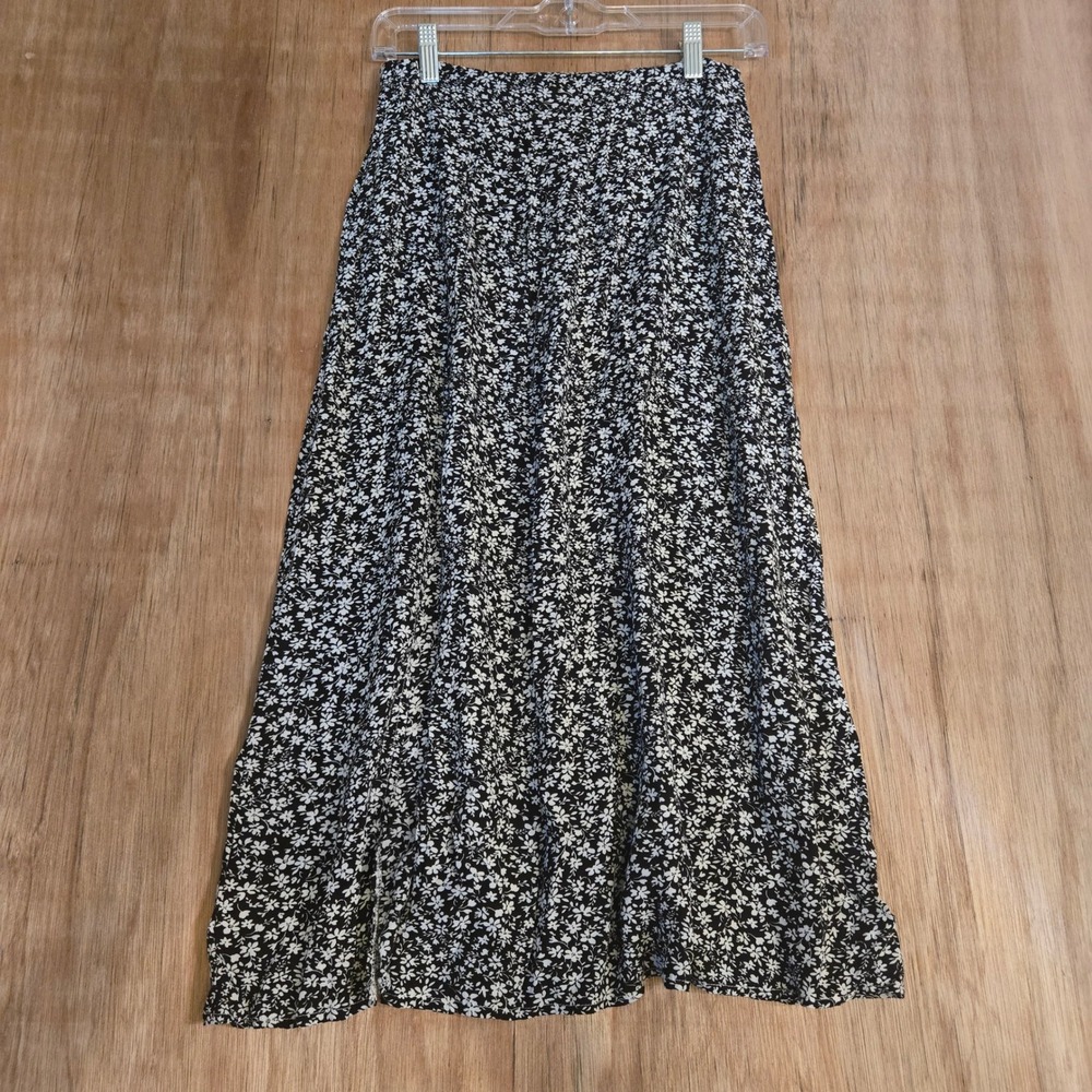 Floral Midi Skirt Side Slit Black White Dainty Flower Print Small 90s Y2K Soft t